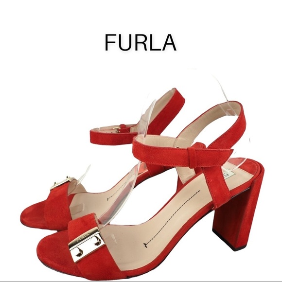 FURLA sz 39.5 METROPOLIS SANDAL ANKLE STRAP PEPERONCINO red suede strappy - Picture 3 of 11